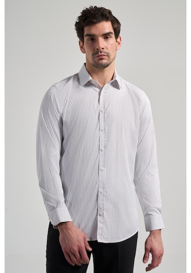 Beyaz Uzun Kol Çizgili Desen Bez Ayağı Yarım İtalyan Yaka Cepsiz Esnek Classic Slim Fit Gömlek 1004245220 Beyaz