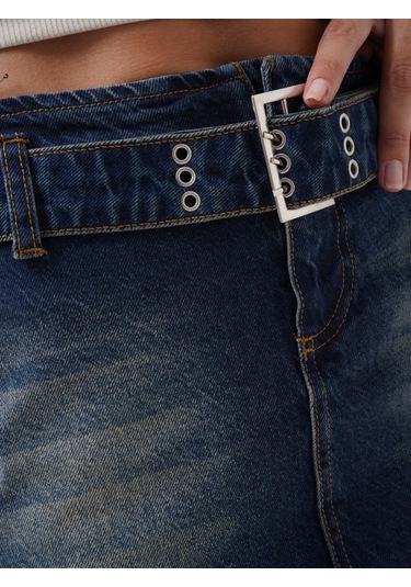 Kemer Detay Denim Mini Etek Koyu Mavi