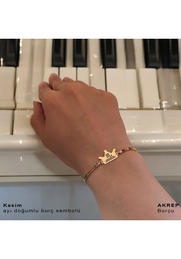 Kasım Ayı Doğumlarına 14 Ayar Altın Plakalı Renkli Taş Desenli Taç Motifli Hediye Bileklik-489ay Kasım