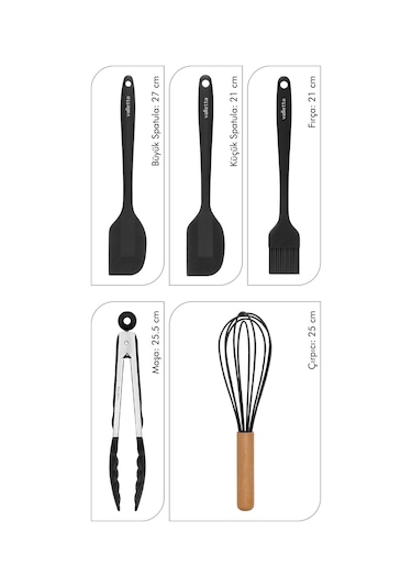 Valletta Fugazi Isıya Dayanıklı Silikon Spatula Seti 5 Parça Siyah