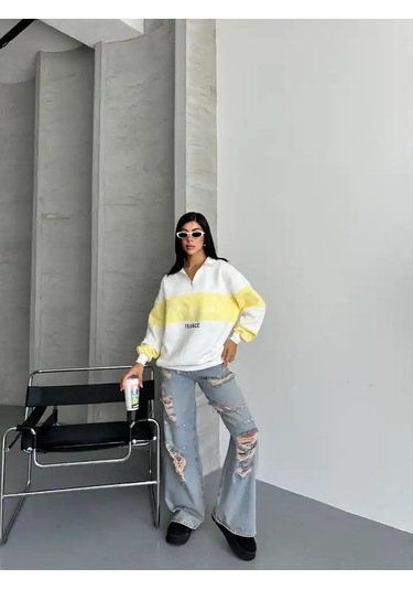 Yarım Fermuar Ikı Renklı Sweat Sarı