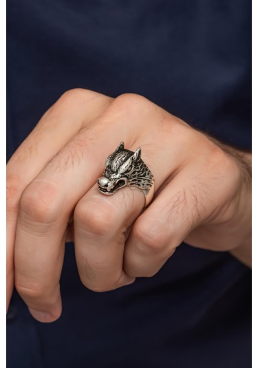 Yüzük Sanatı Kurt Motif Yazılı 925 Gümüş Erkek Yüzük