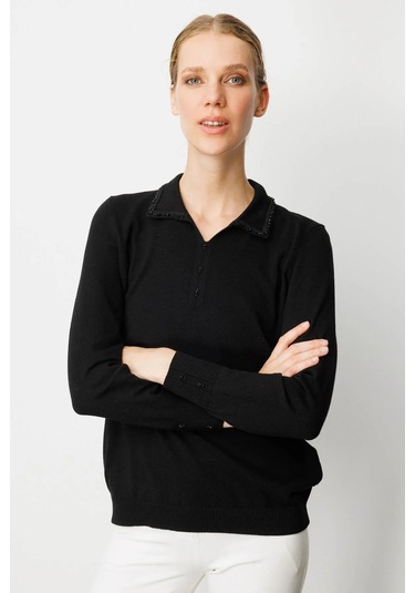 Desen Triko Kadın Polo Yaka Nakış İşlemeli Ligralı Bluz 25092 Siyah Siyah