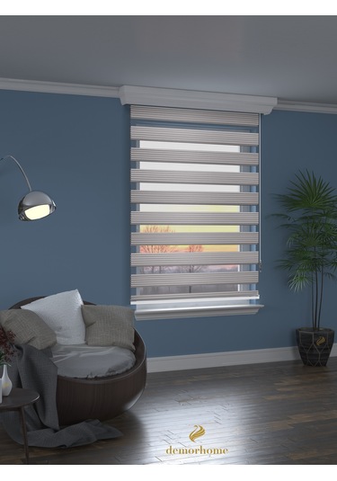 Br Demor Home Geniş Pliseli Açık Gri Zebra Stor Güneşlik Perde Metal Kasa Açık Gri