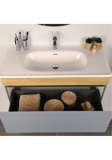 Kobos Harmony 100 Cm Banyo Dolabı Seti Light Grey + Meguro Gri