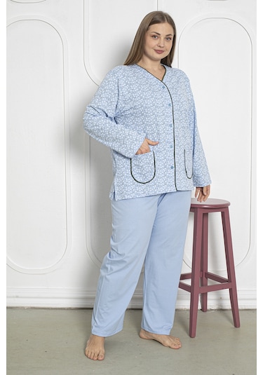 %100 Pamuklu Uzun Kollu Boydan Düğmeli Büyük Beden Kadın Pijama Takımı 206 Mavi