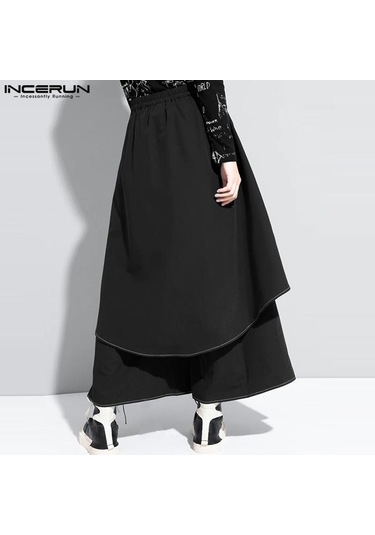 Incerun Sonbahar Sahte İki Parçalı Pileli Düzensiz Etek Uzun Pantolon Siyah
