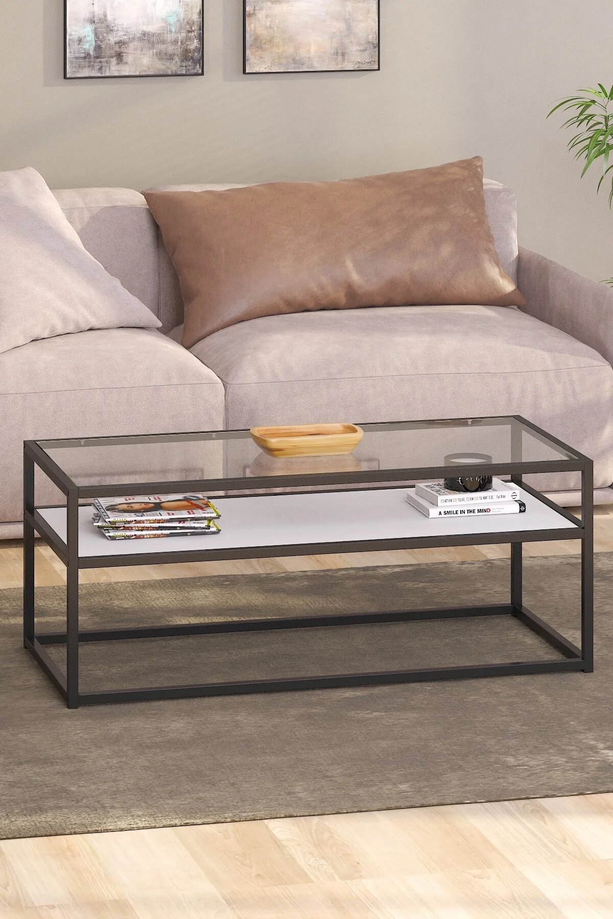 Modern Metal Iskeletli Temper Camlı 2 Katlı Dikdörtgen Orta Sehpa Beyaz-siyah-şeffaf Modern Metal Iskeletli Temper Camlı 2 Katlı Dikdörtgen Orta Sehpa Beyaz-siyah-şeffaf