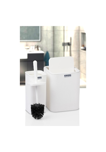 Okyanus Home Mina Beyaz Çizgili Kare 2'li Wc Kova Ve Fırça Seti Beyaz