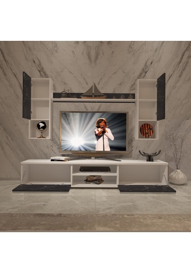 Decoraktiv Eko 5da Mdf Dvd Tv Ünitesi Tv Sehpası Beyaz - Siyah Mermer