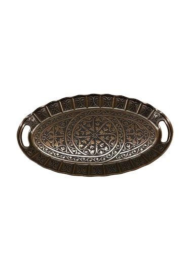 Eskitme Bakır Renkli İşlemeli Sunum Tepsisi 22cm X 36cm 709760