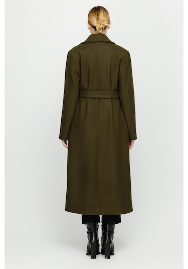 Broş Detaylı Önden Bağlamalı Ara Boy Manto Haki-haki Haki