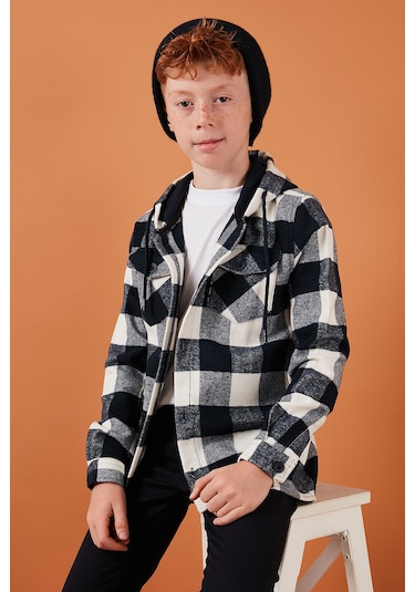 Lela Kapüşonlu Çift Cepli Ekoseli Oduncu Erkek Çocuk Gömlek Cf25W81787 Lacivert