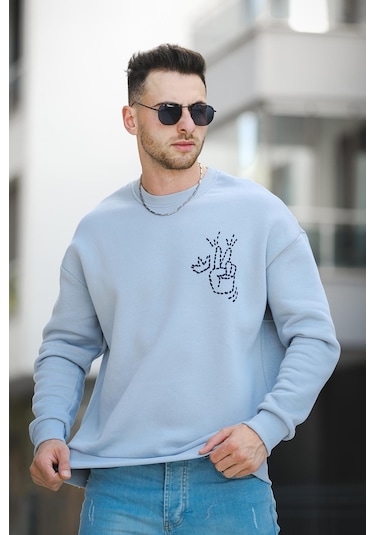 Oksit Trc 2719 Üç İplik Şardonlu Sırt Baskılı Bisiklet Yaka Oversize Erkek Sweatshirt 001