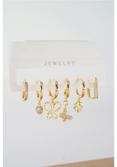 Kadın Vip Seri Zirkon Taşlı Karışık Figürlü 6'lı Küpe Seti Zrk0028 - Altın