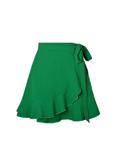 Yaz Kravat Yüksek Bel Düz Renk Fırfırlı Kısa Yarım Vücut Etek Yeşil