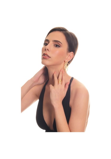 Kadın Mat Altın Kaplama Oval Formlu Tasarım Küpe & Yüzük Seti Altın