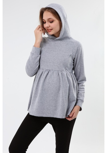 Luvmabelly Myra4530 Büzgülü Fermuarlı Emzirme Sweatshirt -Gri
