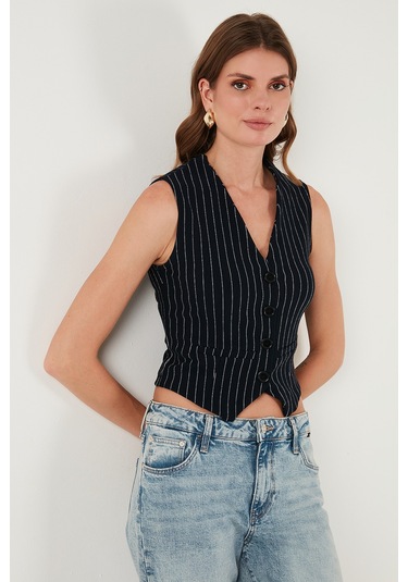 Lela Streç Fitted Fit V Yaka Düğmeli Bayan Yelek 5865971 Lacivert-Beyaz