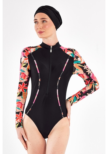 3 Farklı Şekilde Giyilebilir Likralı Etekli Tesettür Mayo Dora 1108 Siyah Siyah01 Siyah