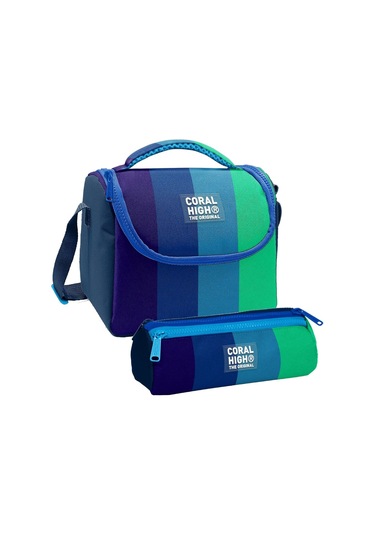 Coral High Erkek Çocuk Lacivert Yeşil Renkli Çizgili Thermo Beslenme Çantası Ve Üç Bölmeli Kalemlik Seti Çok Renkli