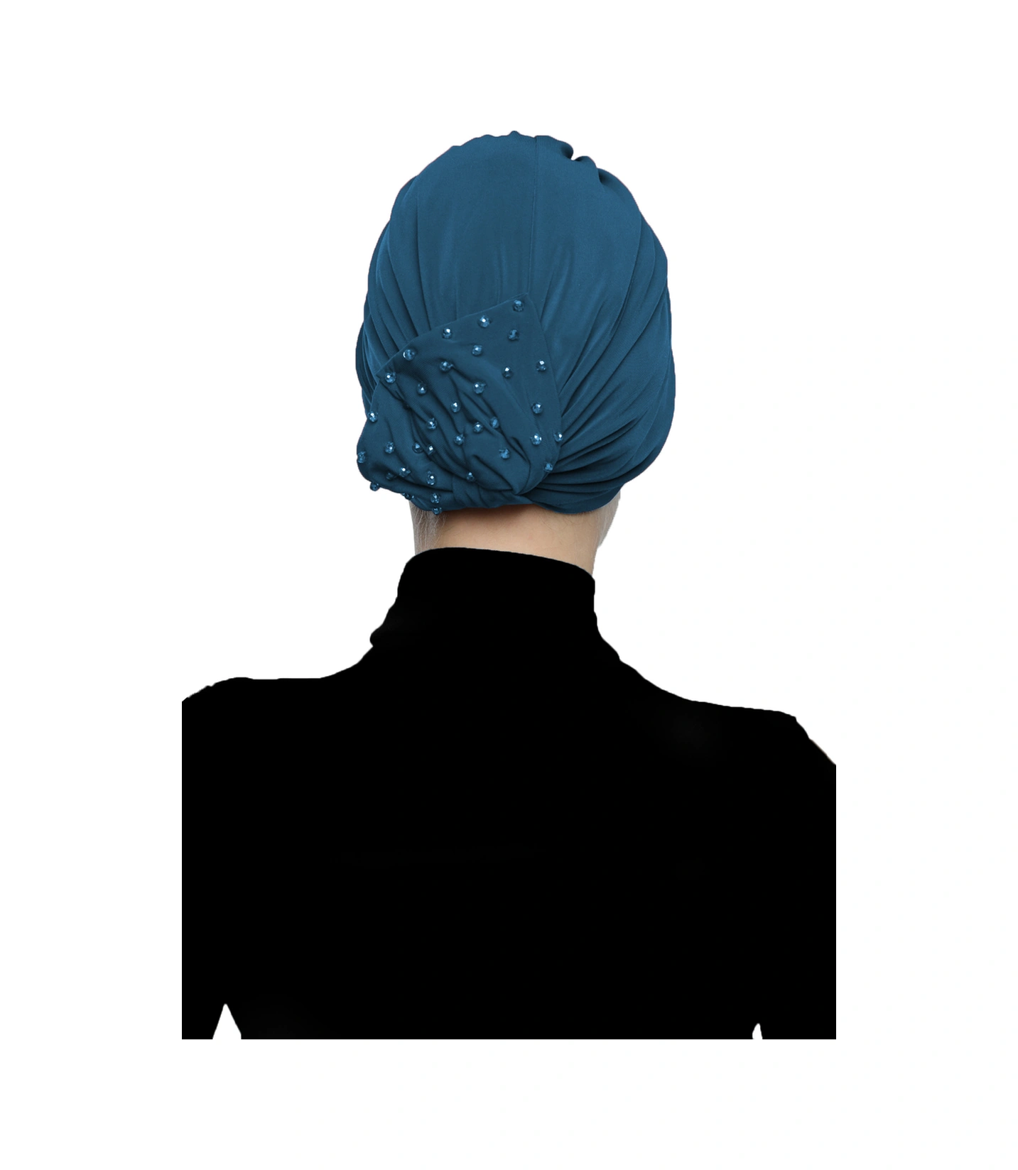 Kristal Yelpaze Taş Işlemeli Çift Taraflı Astarlı Petrol Hazır Türban Tesettür Abiye Bone Petrol