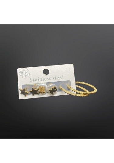 9072412610567 - Yıldız Ve Ay Figürlü Altın Renk Halka Model 316l Çelik Кüpе Takımı - Şık Ve Zarif Gold