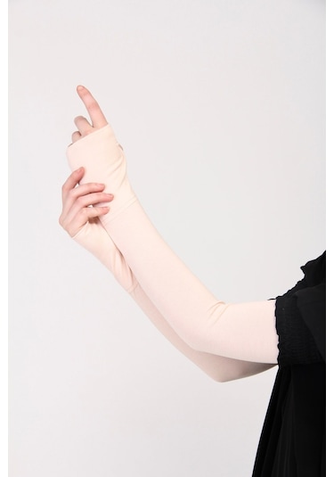 Parmak Geçmeli 45cm Likralı Penye Kolluk 1 Çift Pudra