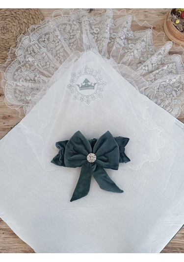 Yenidoğan Saray Kadife Taç Nakışlı İnci Fiyonklu Dantel Duvak Trilüks Kundak Bebek Battaniye Yeşil Yeşil