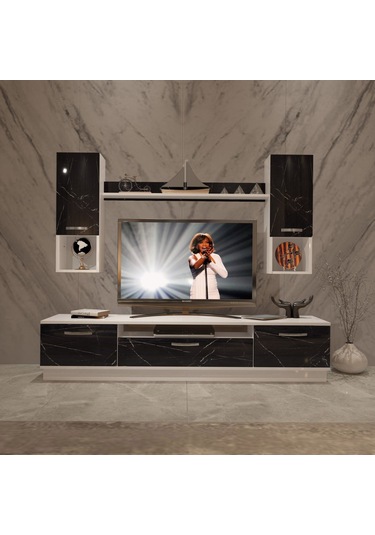 Decoraktiv Trendstyle 5da Slm Tv Ünitesi Tv Sehpası Beyaz - Siyah Mermer