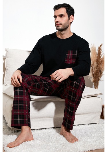 Buratti Ekoseli Cepli Beli Lastikli % 100 Pamuk Regular Fit Erkek Pijama Takımı 6572001 Siyah-Bordo