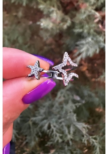 Çift Yıldız Ayarlanabilir Gümüş Renk Yüzük - Zirkontaşlı Silver