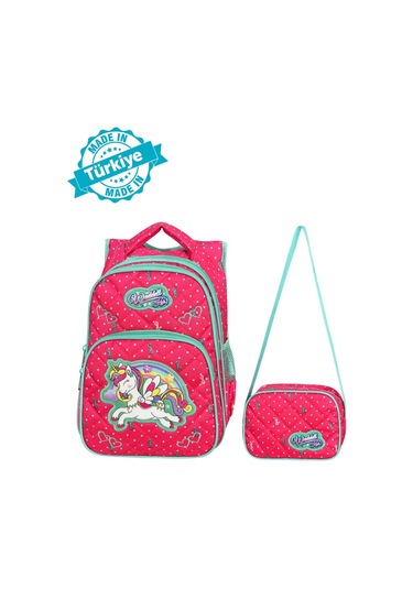 Waddell Lisanslı Fuşya Unicorn Desenli Emboos İlöğretim Okul Sırt Çantası Ve Beslenme Çantası