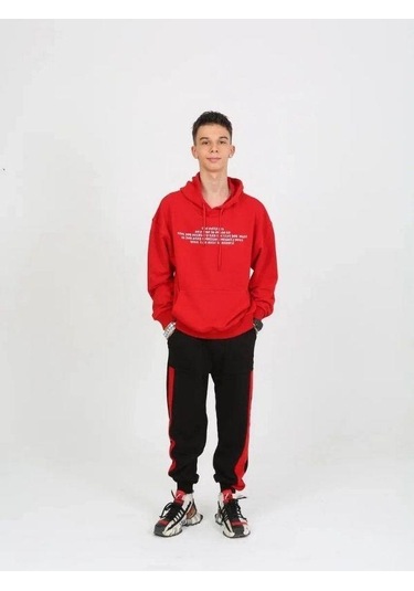 Erkek Çocuk Yazılı Kapüşonlu Sweatshirt-15238 Kırmızı