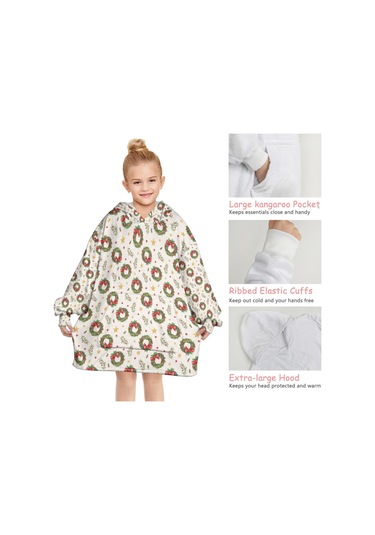 Noel Temalı 6-13 Yaş Çocuk Giyilebilir Battaniye Hoodie, Kalın Peluş, Büyük Boy-a118 Krem - Pembe