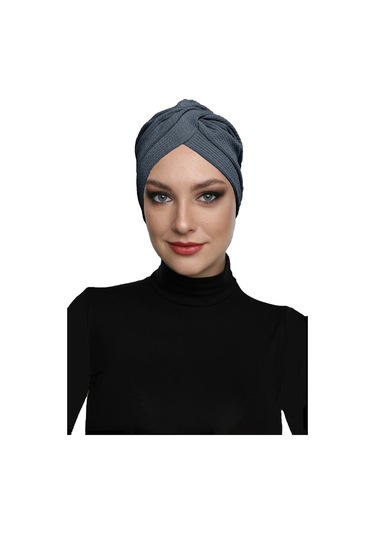 Çapraz Fitilli Penye Koyu Gri Hazır Türban Tesettür Havuz Bonesi Koyu Gri