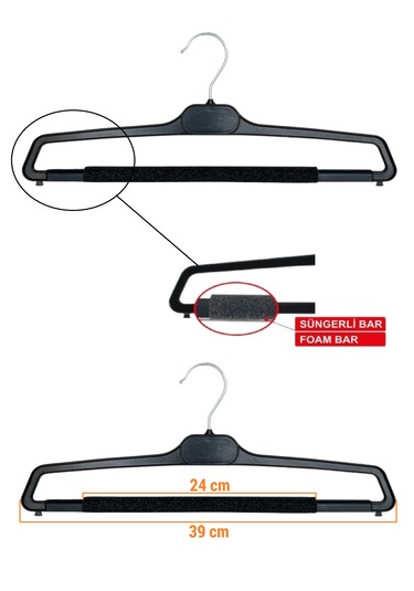 Pantolon Askısı, Süngerli Pantolon Askısı Siyah, 10 Adet Siyah