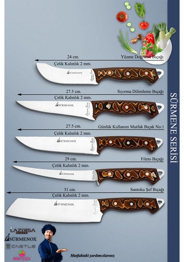 Sürmene Serisi Mutfak Şef Bıçak Seti Et Ekmek Sebze Salata Fileto Bıçağı 5 Li Set Kahve Mft-225 Kahverengi