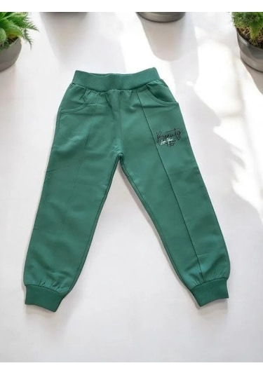 Kız Çocuk Pamuklu Beli Paçası Lastikli Eşofman Alt-15145 Yeşil