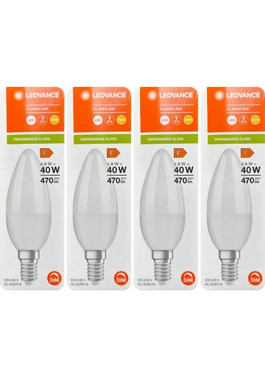 4 Adet Ledvance 4,9w 40w 2700k Sarı Işık Dim Edilebilir E14 Duylu İnce Duy Led Mum Ampul