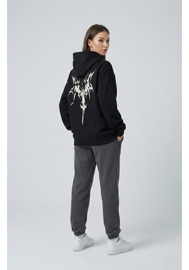 Nevermind Unisex Oversize Hoodie Grafik Sembol Baskılı Siyah
