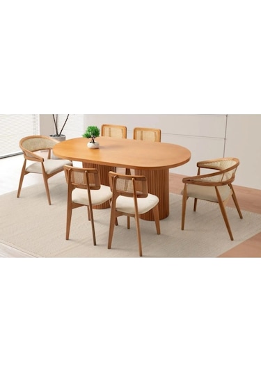Oval Ahşap Masa Takımı Bohem 6 Kişilik Mutfak Masa Sandalye Takımı İskandinav Barok Ceviz