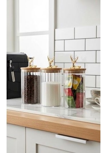 Morponi 3'lü Borosilikat Cam Gold Geyik Figürlü Bambu Kapaklı Kavanoz 750 Ml Şeffaf