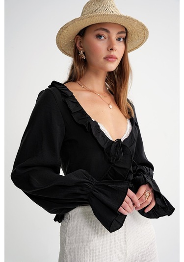 4712 Kadın Volanlı Modal Bolero Bluz Siyah Siyah