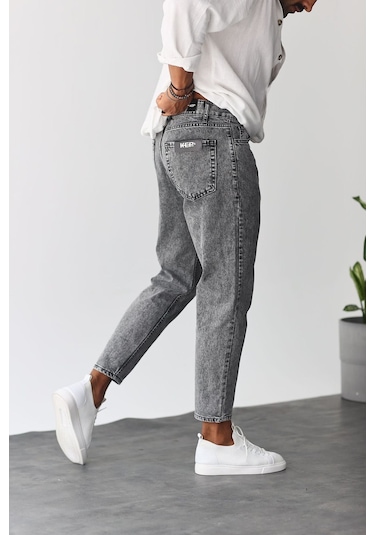 Boyfriend Gri Renk Asit Yıkamlı Eskitme Kot Erkek Pantolon Gri