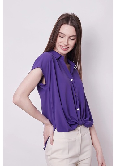 Likrasız Şık Kumaş Yakalı Düşük Omuzlu Önü Pileli Gömlek-eflatun Eflatun