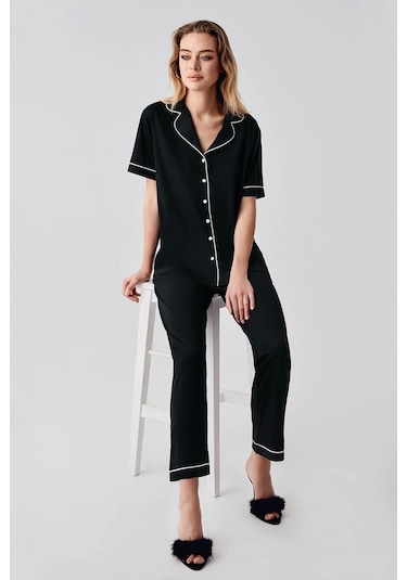 Feminight Freshness 324 Kadın 4'lü Sabahlıklı Şorlu Pijama Takımı Siyah