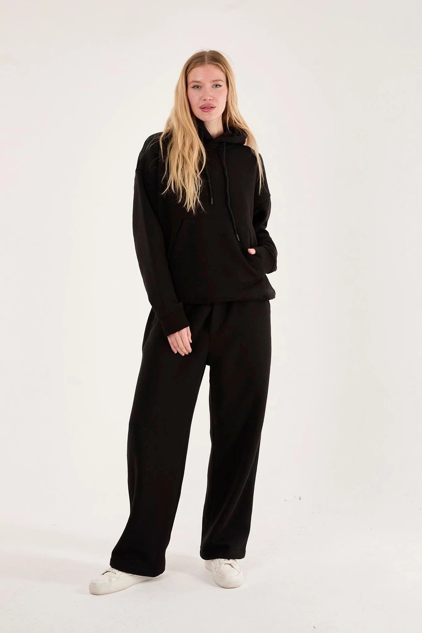 Q-4008 Kapüşonlu Üç İp Şardonlu Sweat Siyah