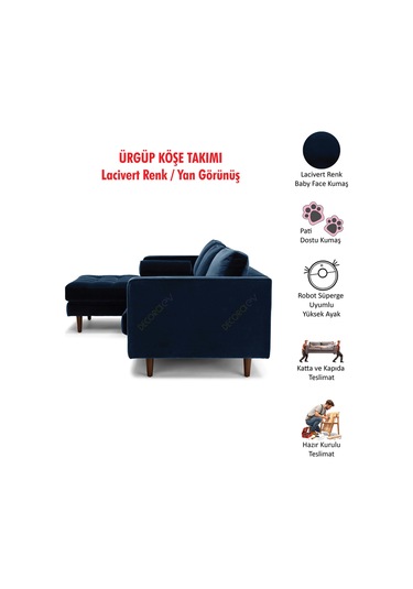 Ürgüp Modern Köşe Koltuk Takımı - Lacivert - Sol Köşe - Baby Face Yumuşak Kumaş Lacivert