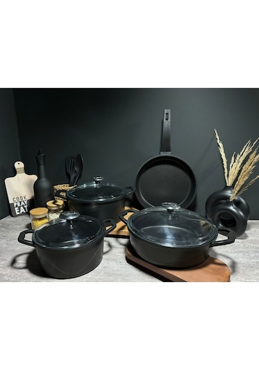 9 Parça Döküm Tencere Seti Black-9072282236652